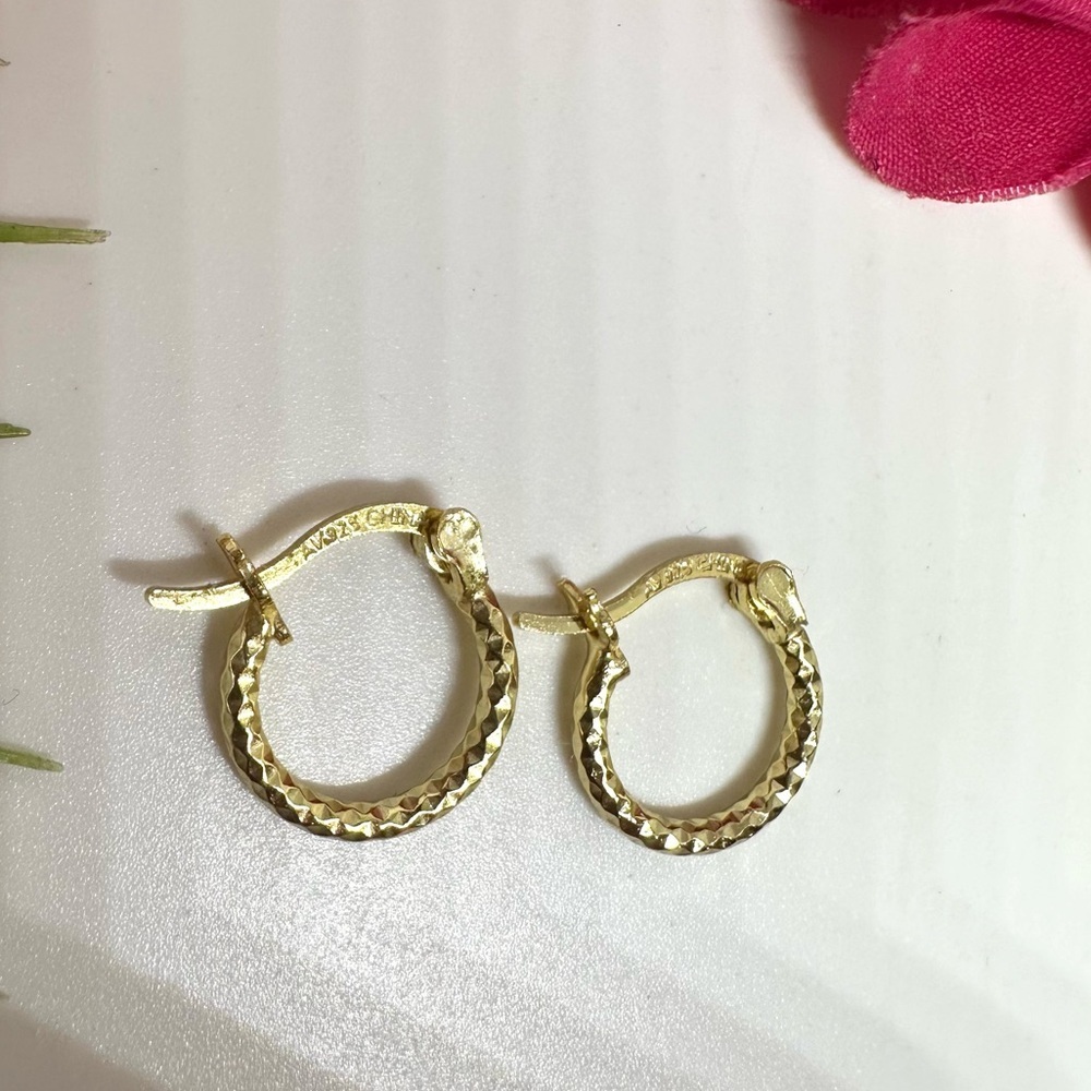 NEW⚜️Sterling 14K Mini Diamond Cut Hoop Earrings - Picture 4 of 5